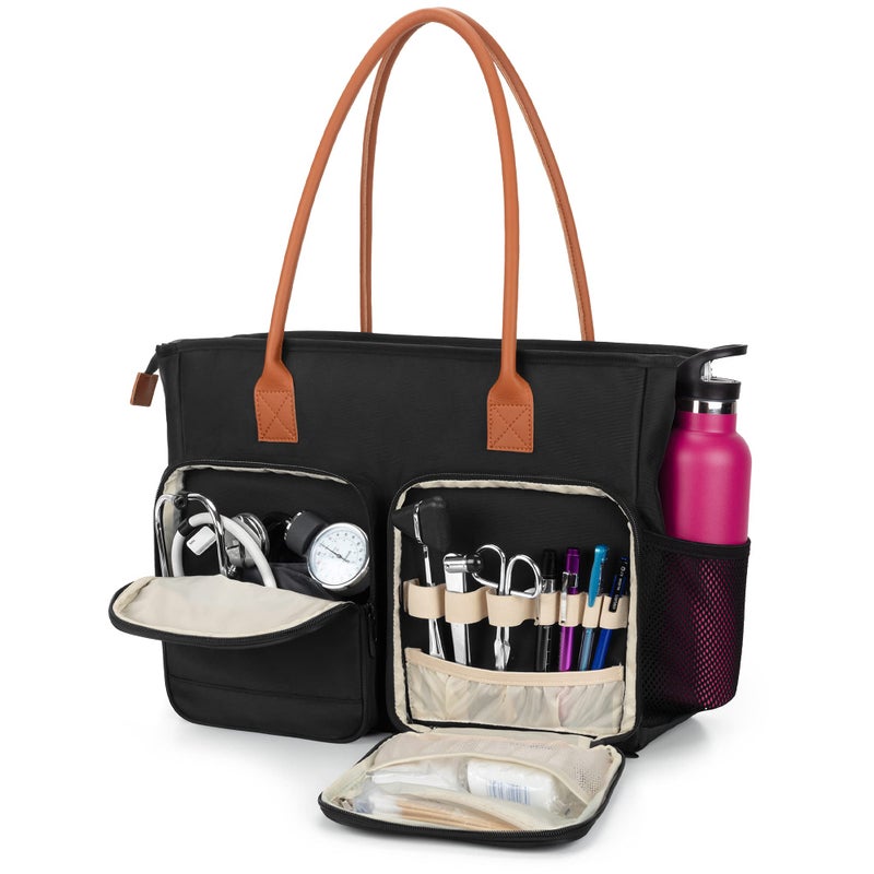 CURMIO Nurse Tote Bag, Portable Medical Bag with Shoulder Strap and Padded Laptop Sleeve for Nursing Work, Home Visits, Health Service, Black (Bag Only)